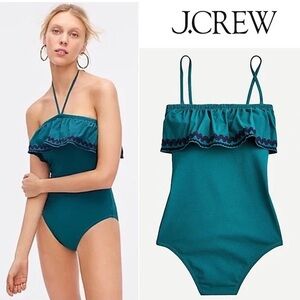 J Crew Ruffle Bandeau One Piece Swimsuit With Rickrack Ruffle Peasant Preppy